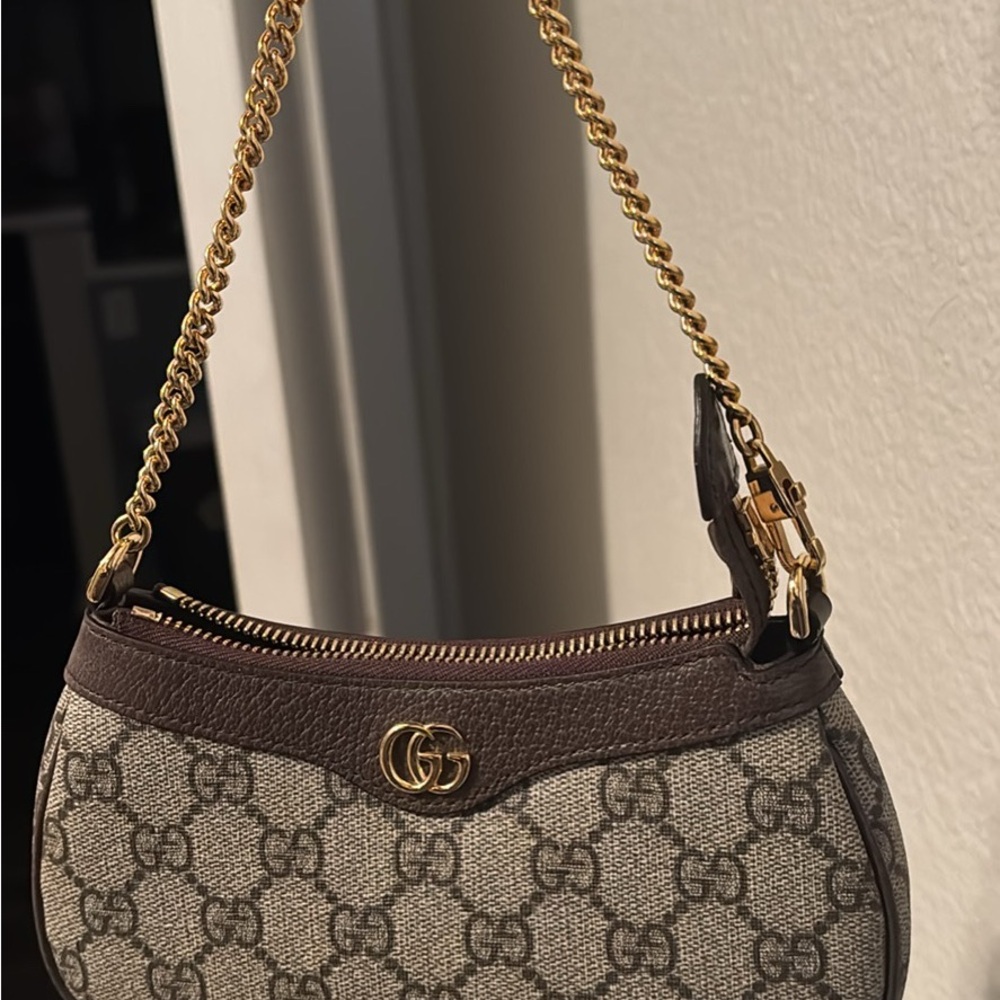 Gucci Beige and Brown Shoulder Bag with Gold Chain